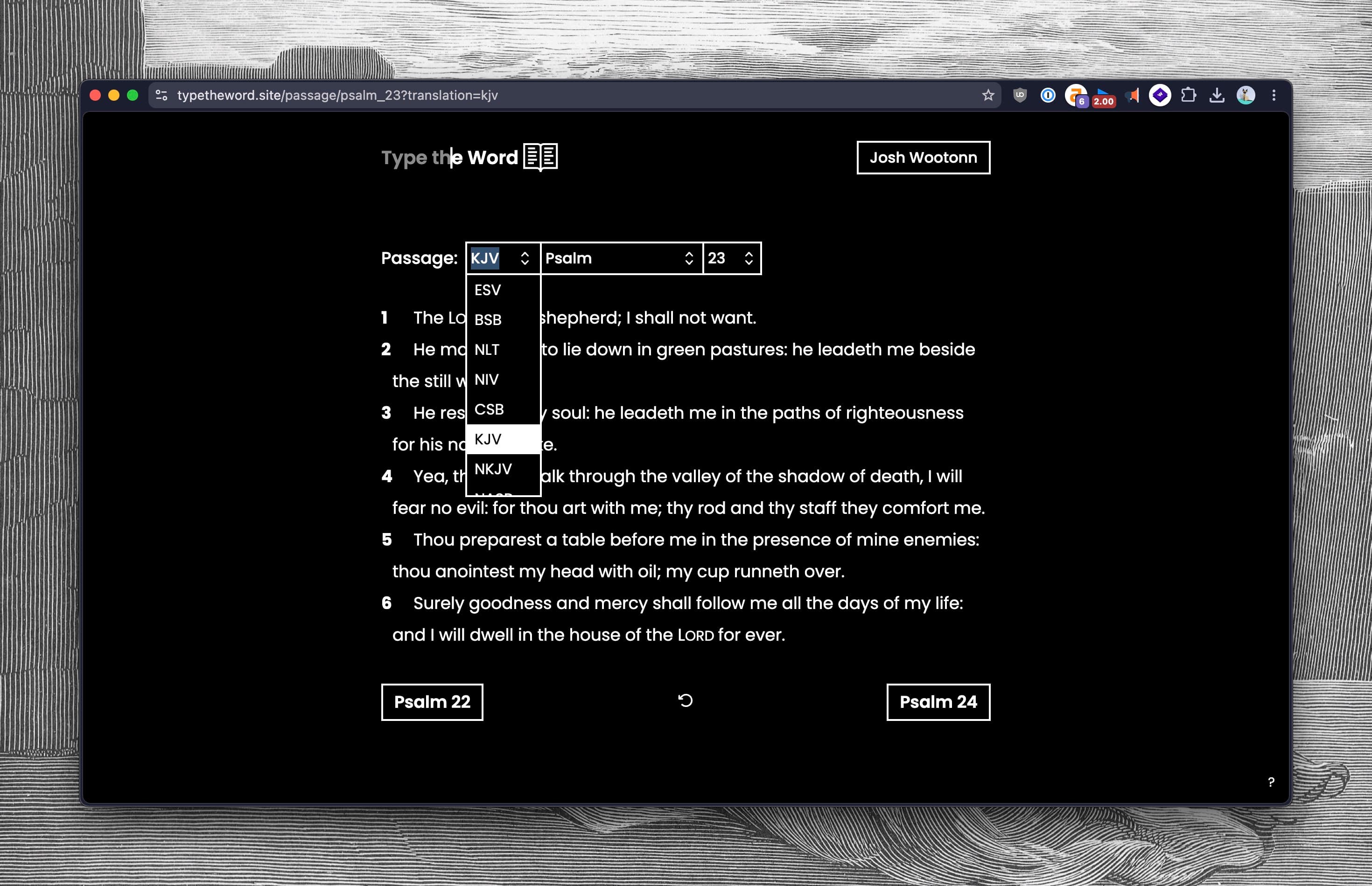 Screenshot of the translation picker with KJV selected