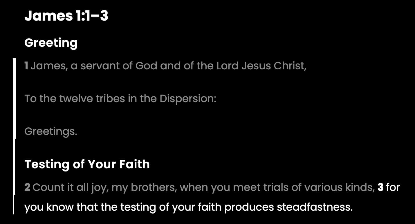 James 1:1-3 with passage progress indicators of varying widths and gray text showing the current repetition's progress