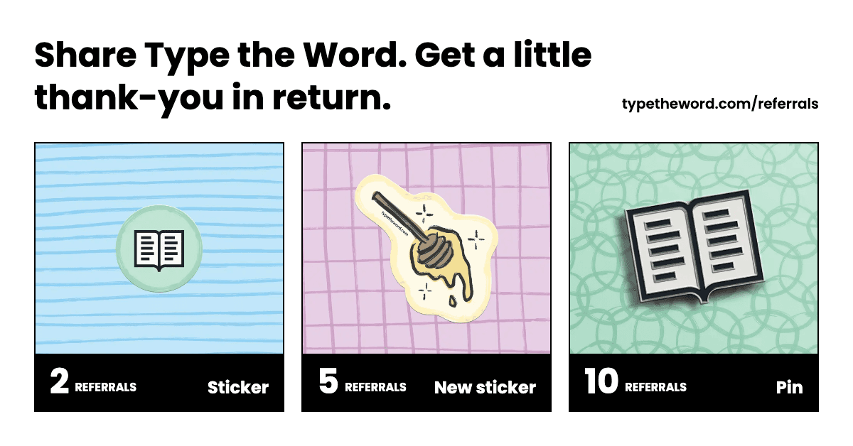 Type the Word referral rewards: a sticker for two referrals, a new sticker for five referrals, and a pin for ten referrals