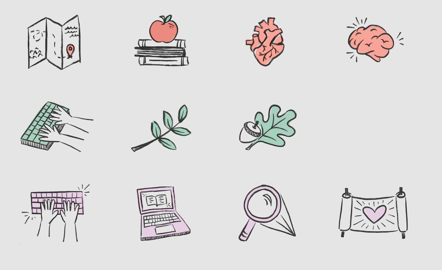 A sneak peek at many of the new Type the Word illustrations next to each other