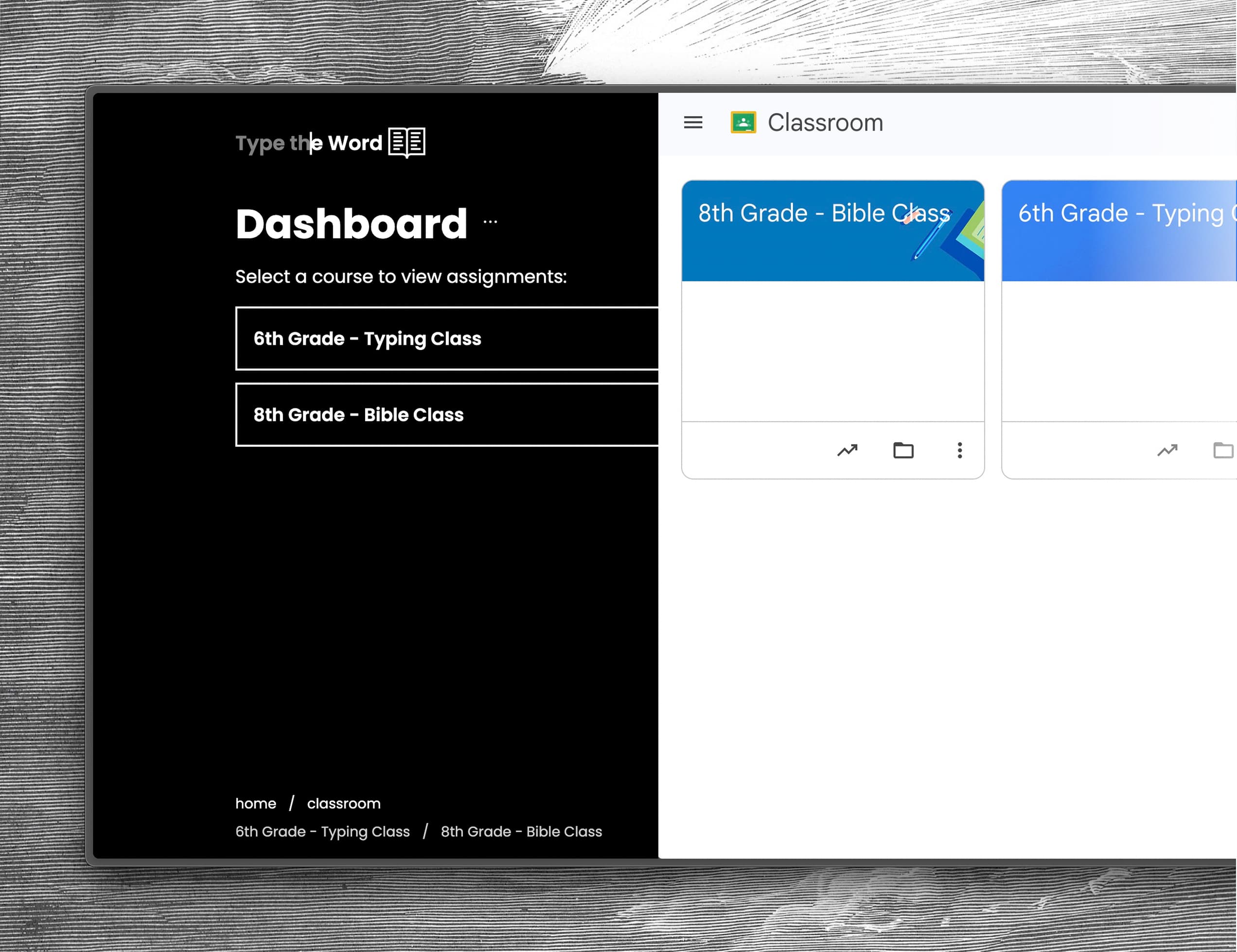 Type the Word classroom view showing available Google Classroom courses.