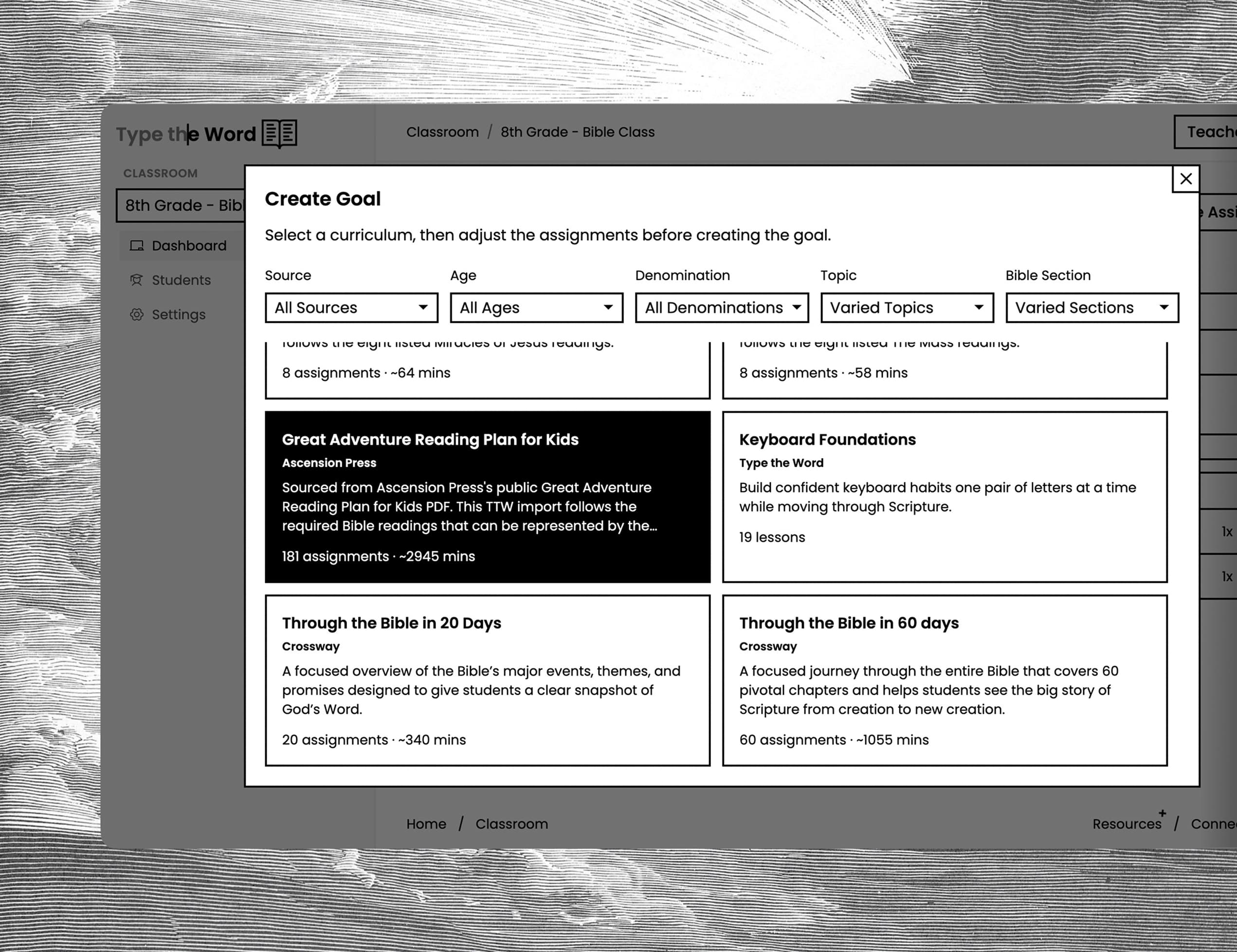 Teacher browsing Bible curriculum assignments in Type the Word.