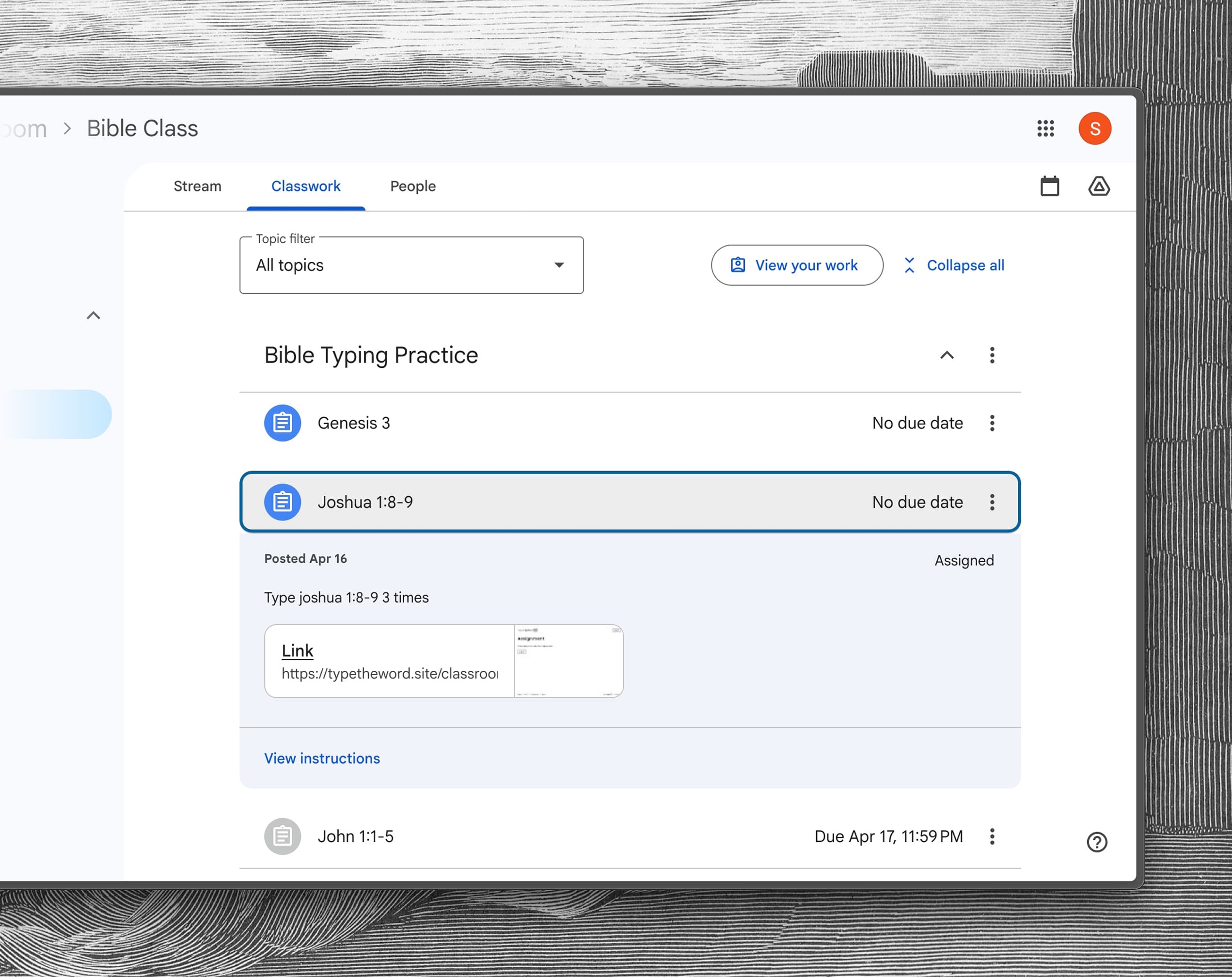 Type the Word assignment appearing in Google Classroom.