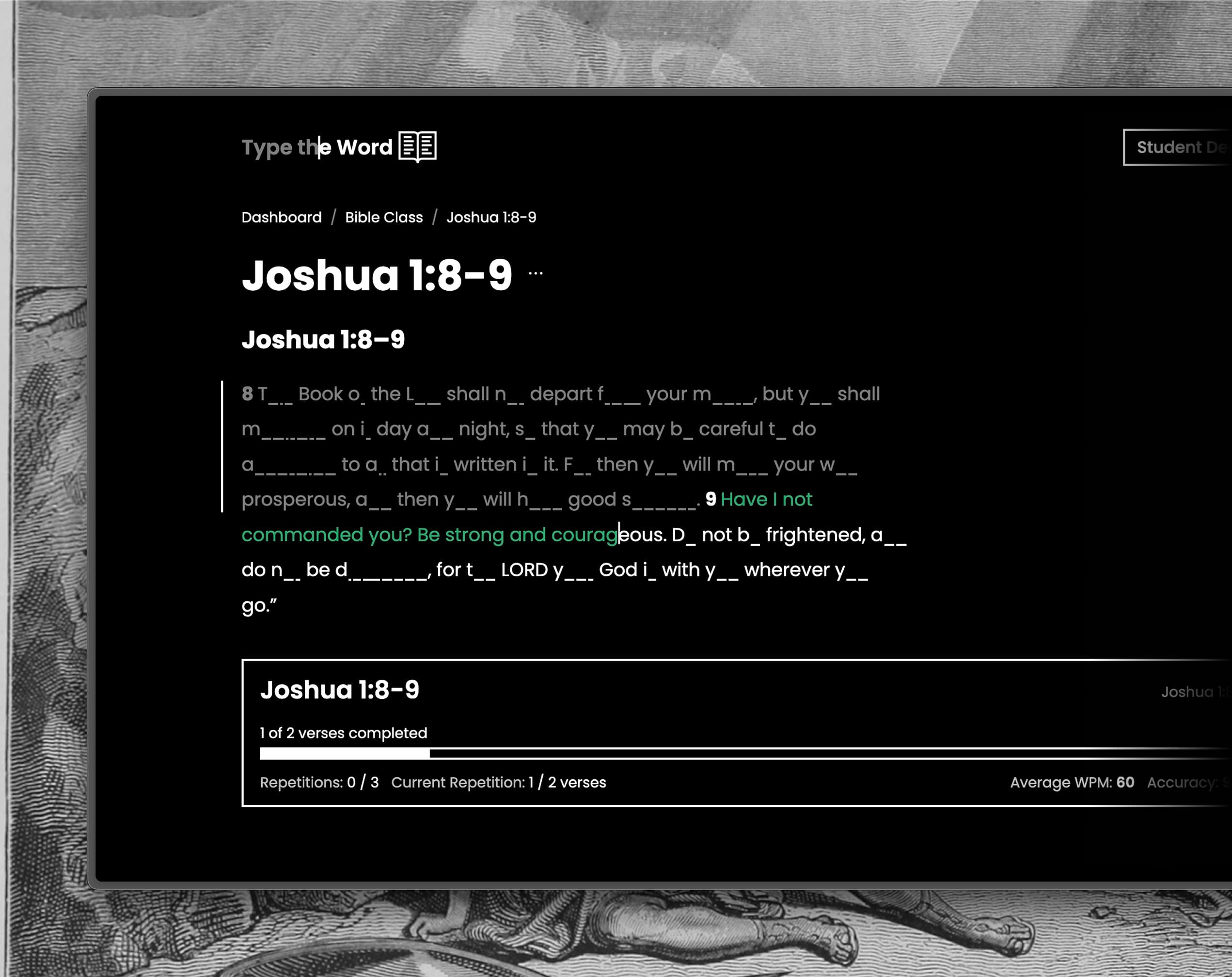 Type the Word memorization modes for student Bible typing practice.