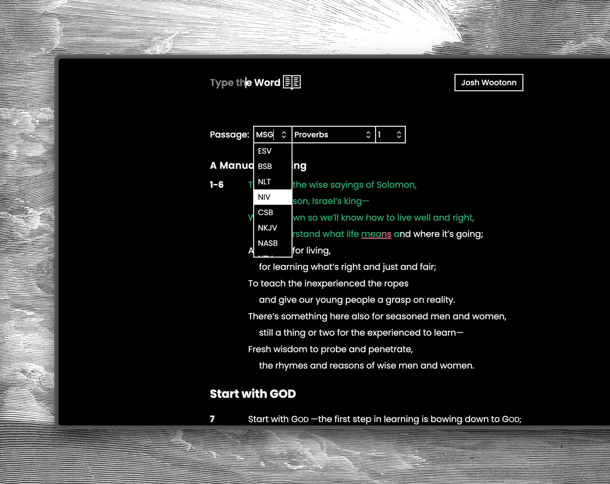 Type the Word translation picker for Bible typing practice.