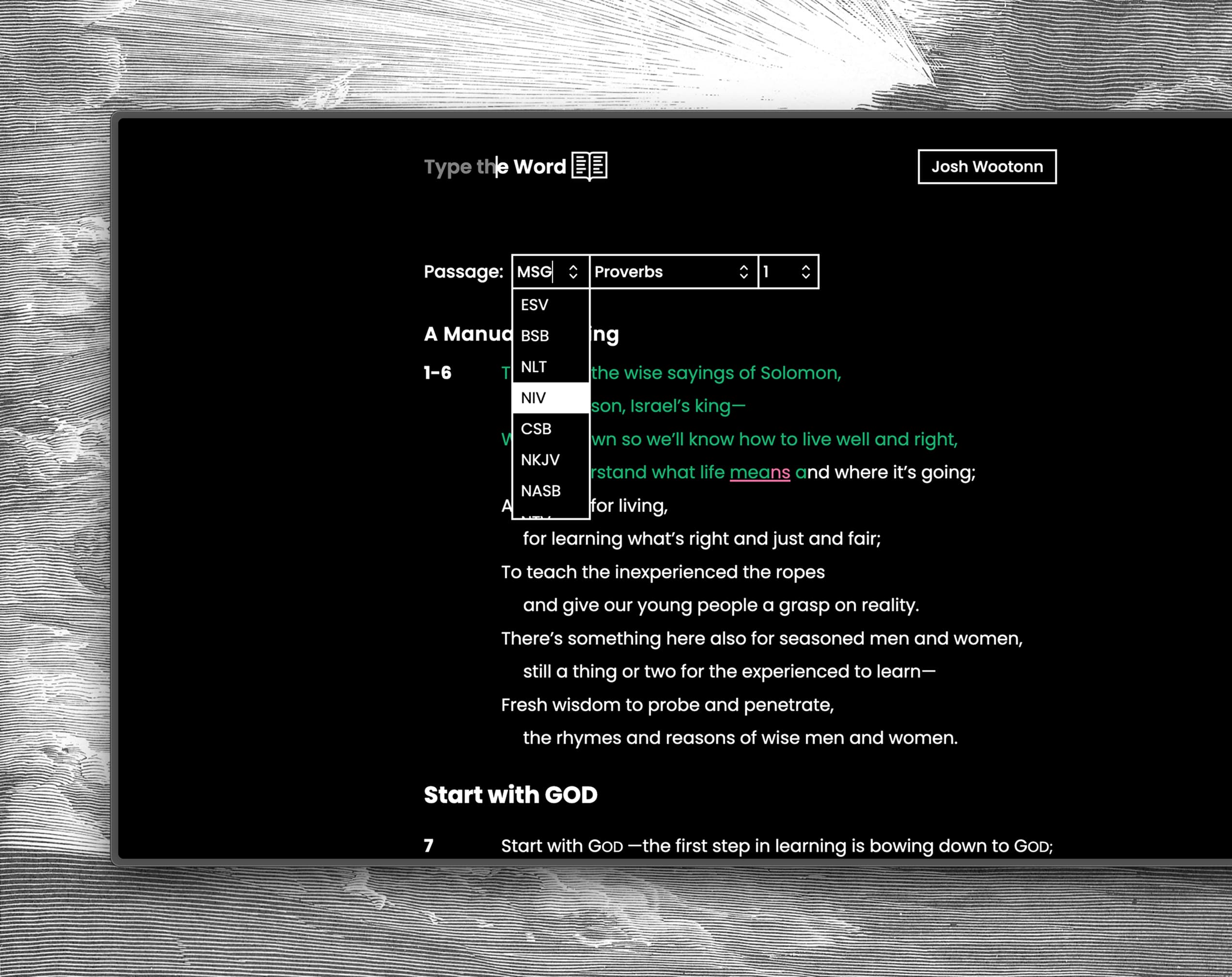 TTW open showing the translation picker with NASB, NIV, ESV, and BSB