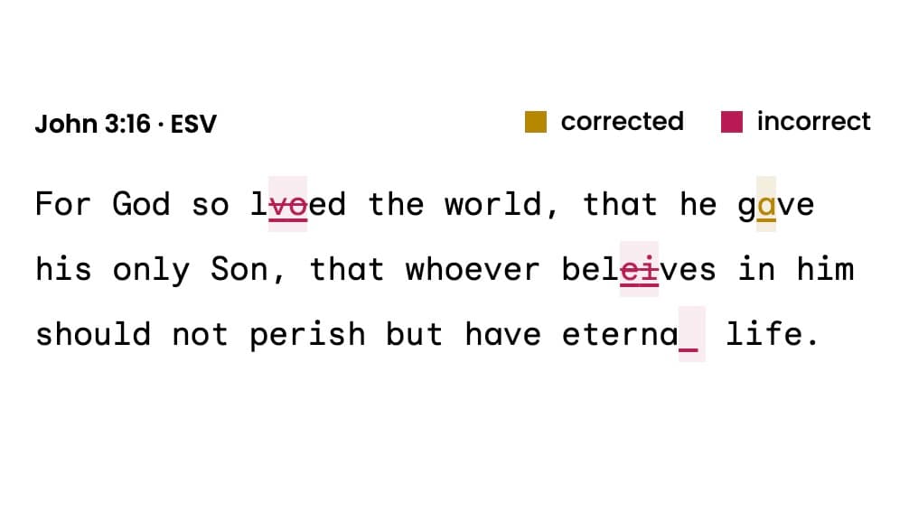 John 3:16 typing assessment showing corrected and incorrect letters
