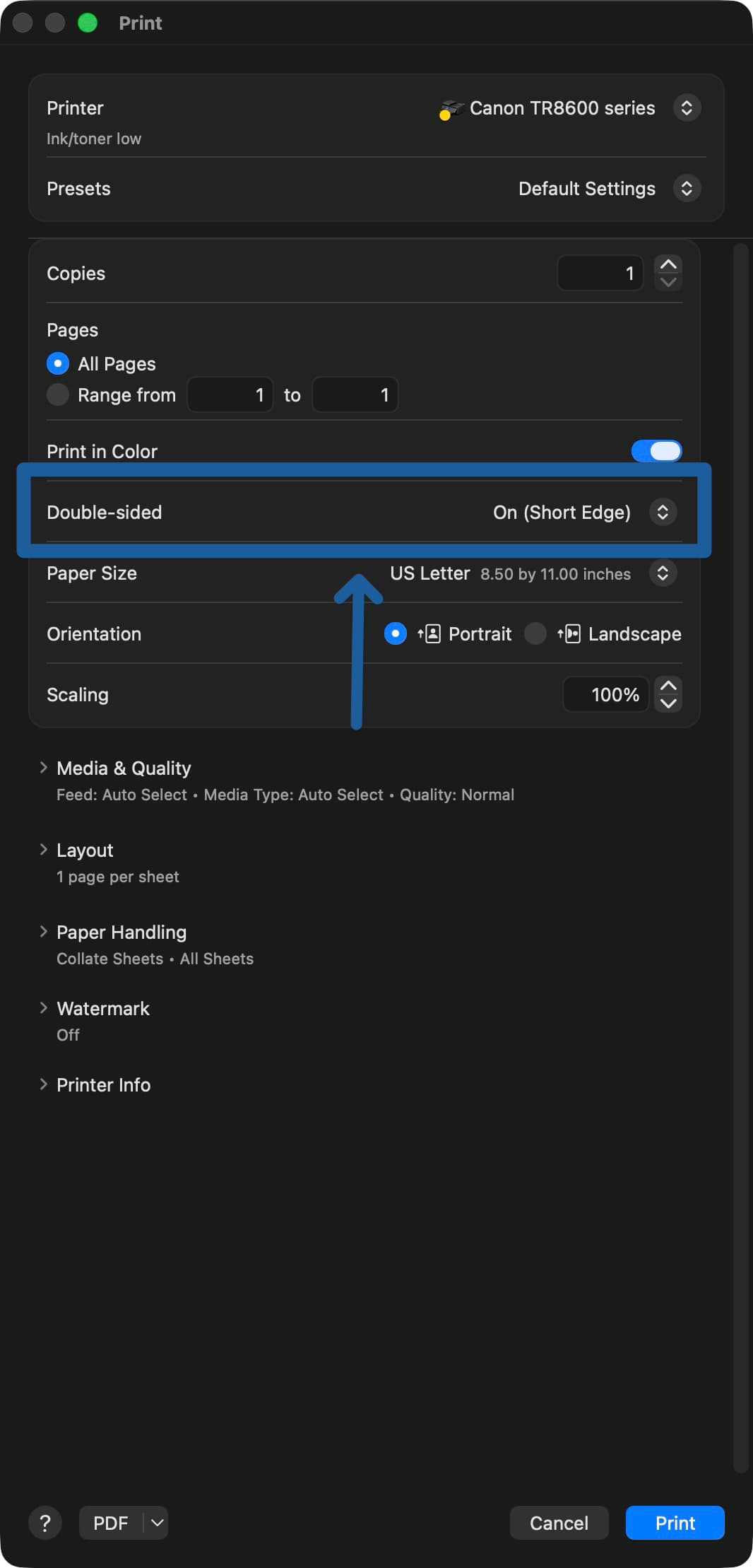macOS print dialog with Double-sided set to On (Short Edge), highlighted with a blue box and arrow.