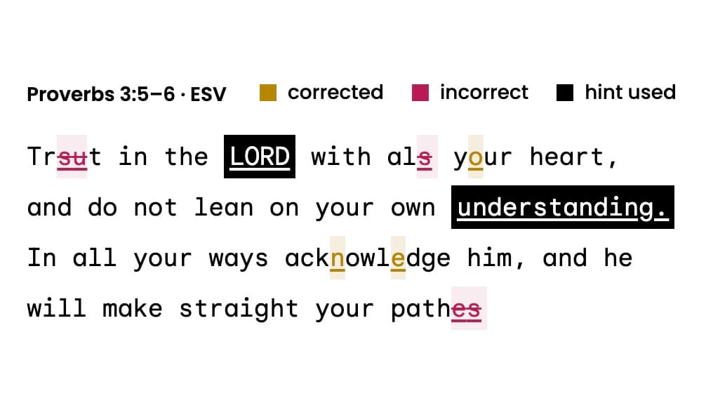 Proverbs 3:5–6 memory assessment showing corrections, mistakes, and hints