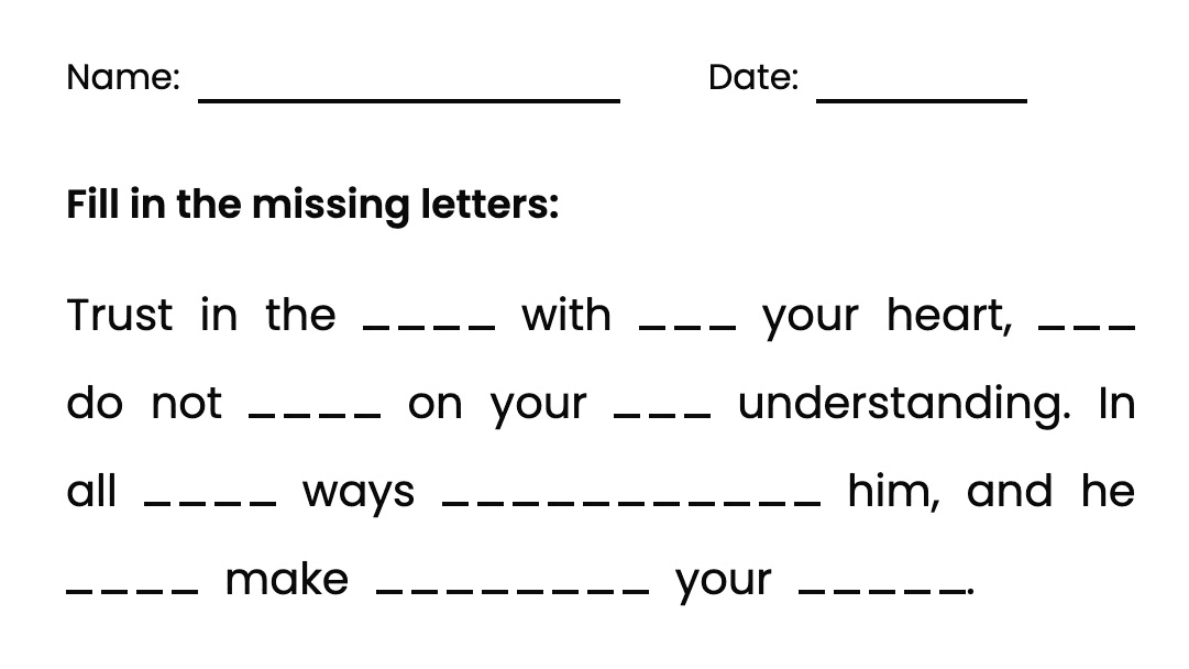 Proverbs memory worksheet with spaces for a student's name, date, and missing letters